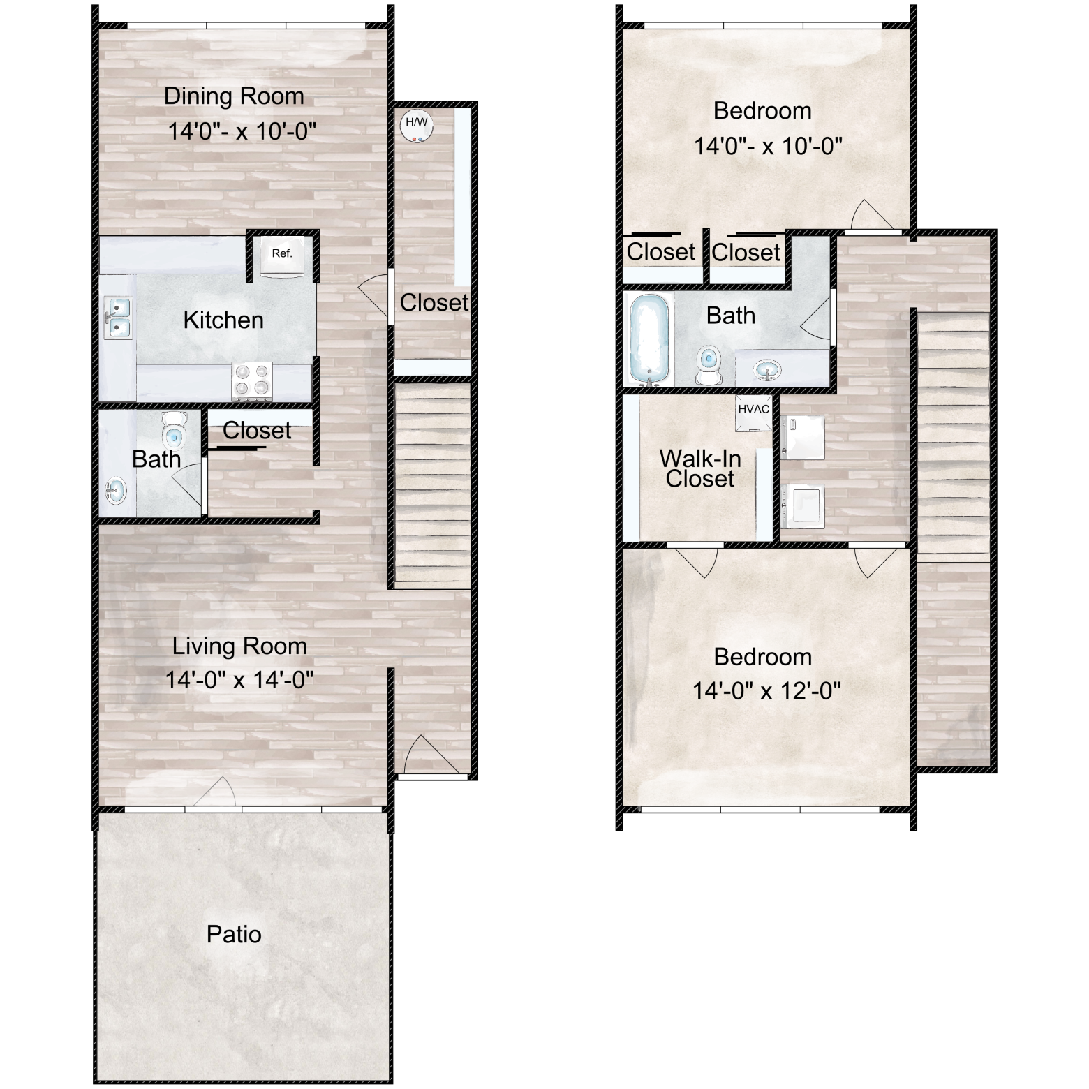 Floor plan for 2 beds, 1.5 baths, 1409 sqft